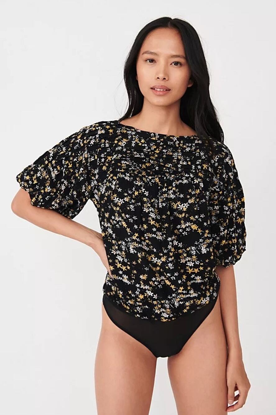 NWT Intimately Free People Dessa Bodysuit Black Floral Puff Sleeve Blouse Size S